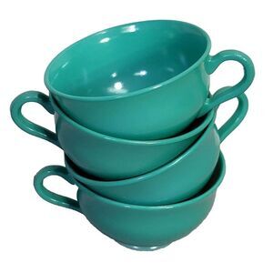 Vintage Set of‎ 4 Hazel Atlas Ovide Platonite Teal Green Pressed Glass Teacups